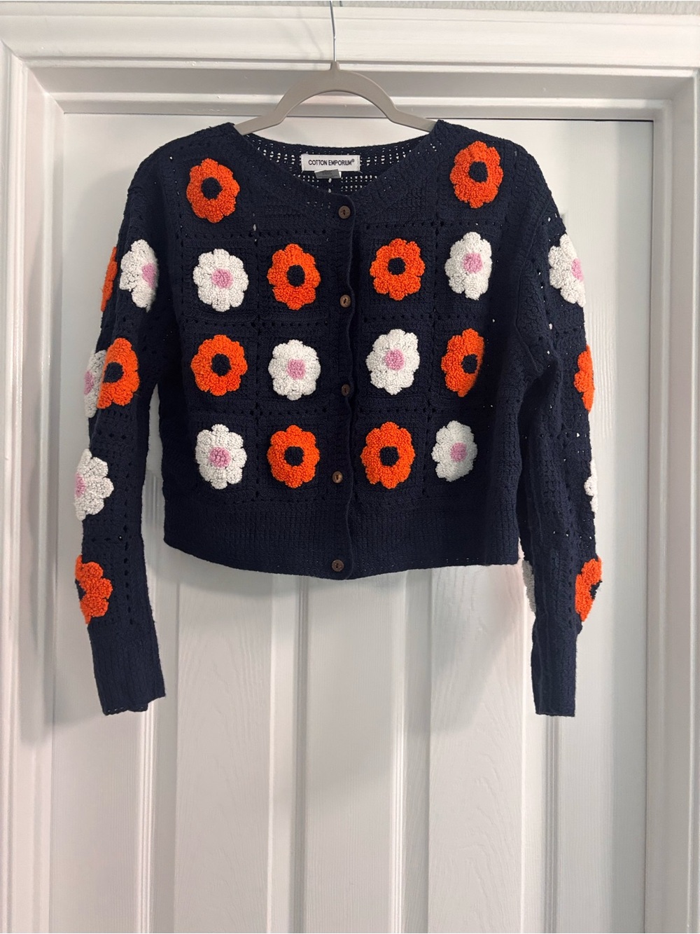 Cotton Emporium Navy Crochet Flower Cardigan with Orange & White Blooms